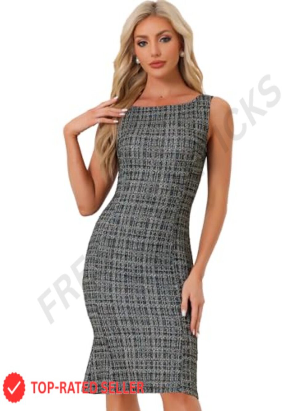 Tweed Bodycon Pencil Dress Sleeveless Boat Neck Fishtail Hem